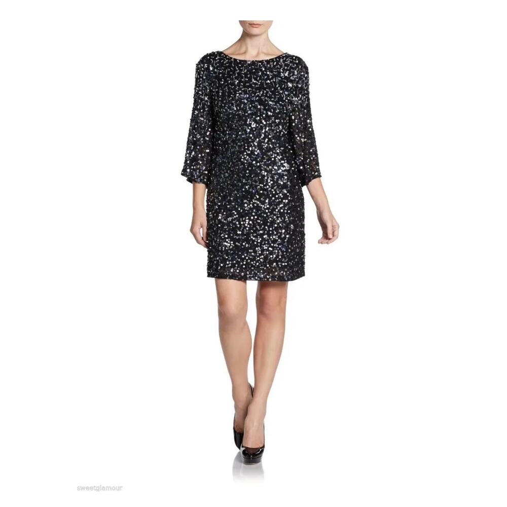 Alice + Olivia Liss Navy Blue Sequin Silk Open Cutout V-Back Shift Dress Size L